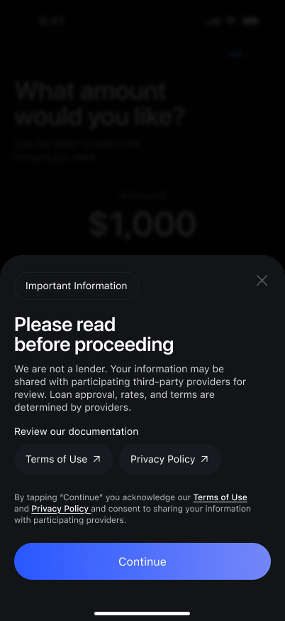 App screen: Important Information sheet stating we are not a lender, with Terms of Use and Privacy Policy links
